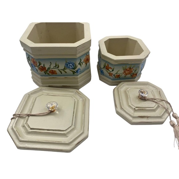 Vintage Hexagon Nesting Wood Jewelry Urn Boxes Floral Shabby Chic Crystal Handle - Picture 10 of 12